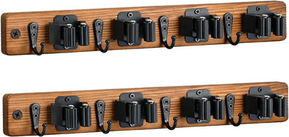 Lorbro 2 Pack Broom Holder Wall Mount, Wooden Broom and Mop Organizer Wall Hanging, Mop Hanger Rack with 4 Slots & 4 Hooks, Tool Organizer for Laundry Room, Closet, Garage, Kitchen