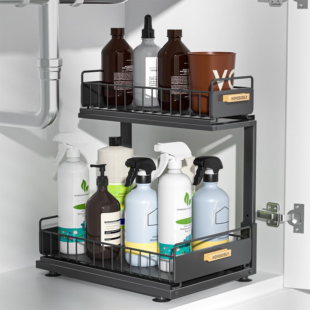 Under Sink Organizer Kitchen - Upgraded Professional Rails, 2 Tier Dual Pull Out Cabinet Storage, Height Adjustable Under Sink Storage, Metal Sliding Drawer for Kitchen & Bathroom, White, 2 Pack