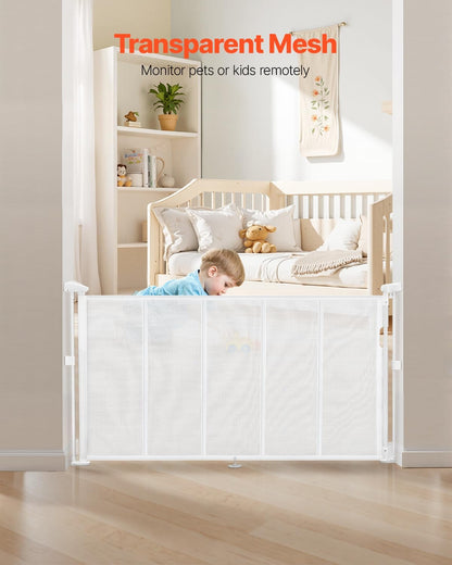 VEVOR Retractable Baby Gate, 34 inch Tall, Extends up to 71 inch Wide, Retractable Gate for Kids or Pets, Mesh Material, Easy to Install for Indoor Stairs, Doorways, Hallways, Playrooms, Gray