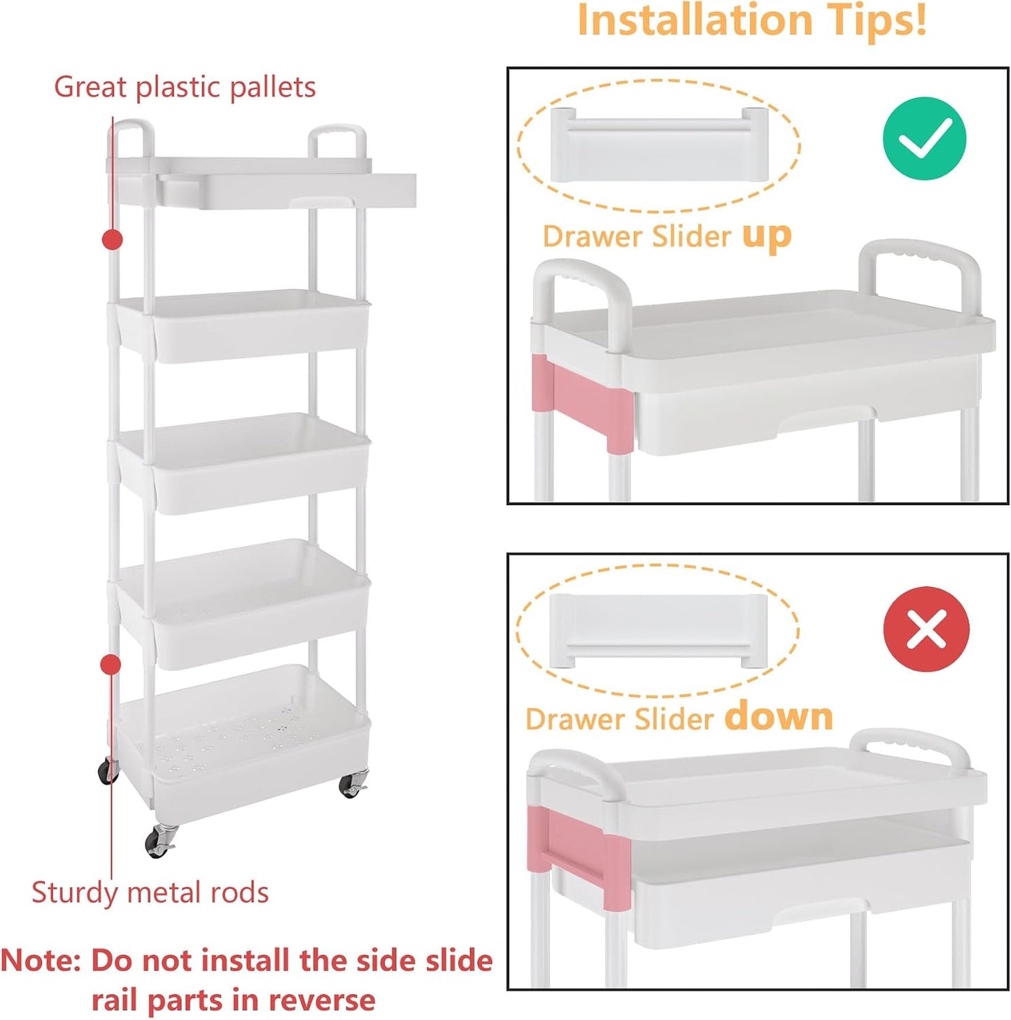Calmootey 3-Tier Rolling Utility Cart with Drawer,Multifunctional Storage Organizer with Plastic Shelf & Metal Wheels,Storage Cart for Kitchen,Bathroom,Living Room,Office,White
