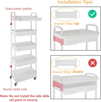 Calmootey 3-Tier Rolling Utility Cart with Drawer,Multifunctional Storage Organizer with Plastic Shelf & Metal Wheels,Storage Cart for Kitchen,Bathroom,Living Room,Office,White