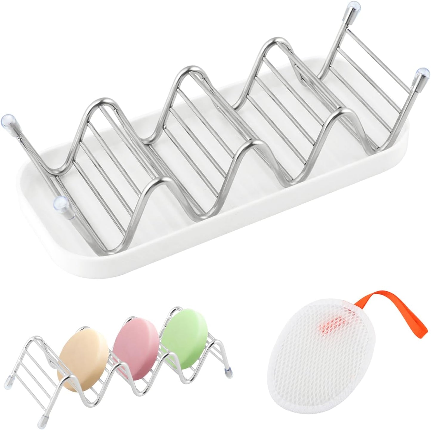Multi-Purpose Wave Shampoo Bar Holder, Shampoo Bar Holder with Removable Drip Tray & Lather Net, Self Draining Quick Dry Bar Soap Holder for Shampoo Bars & Soap (3-Slot)