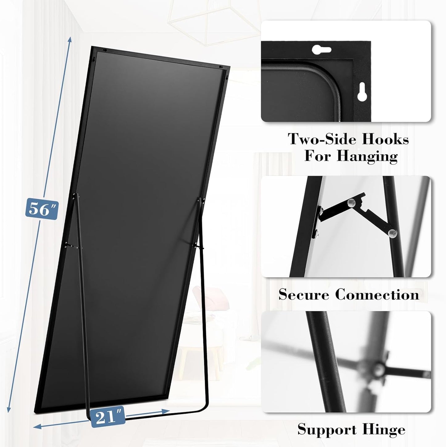 59"x16" Arched Full Length Mirror, Full Body Mirror with Leaning or Standing, Floor Standing Aluminum Frame for Bedroom, Livingroom, Cloakroom, Black