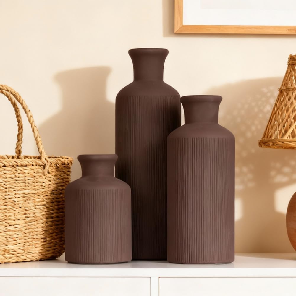Ceramic Vase Set of 3 – Small Flower Vases, Modern Farmhouse Boho Flower Vases for Home Decor, Rustic Pottery Vases for Centerpieces, Living Room, Shelf, Fireplace, Entryway Decor, Table or Cabinet