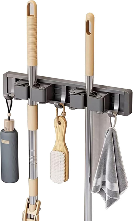 Broom Holder Wall Mount Movable Hooks and Clips Mop and Broom Hanger Wall Mounted Aluminum Garage Tool Organizer Storage Adhesive (Silver: 5 clips with 6 hooks)
