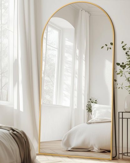 Full Length Mirror with Stand, 71"x28" Arched Full Body Large Stand Up Aluminum Frame Floor Standing Mirror, Freestanding Hanging Leaning Mounted for Bedroom Living Room Entryway Gold