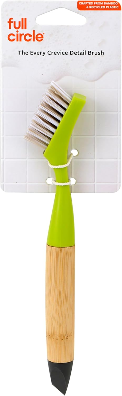 Full Circle Every-Crevice Detail Brush, Deep Cleaning Brush for Crevices, Shower, & Grout, Tough Bristles, Sustainable Bamboo Handle, White