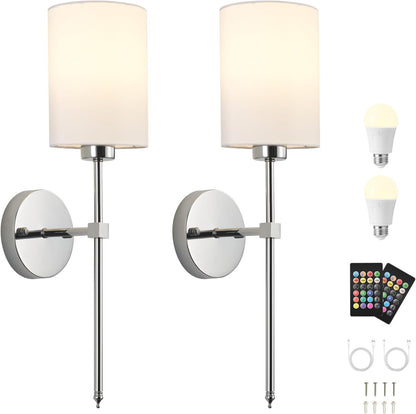 Battery Operated Wall Sconces Set of Two,Wireless Rechargeable Wall Light With Remote Control, Dimmable, Amber Light/Warm White/Natural White/Daylight/RGB, Timer,for Living Room,Bedroom,Entryway,Gold