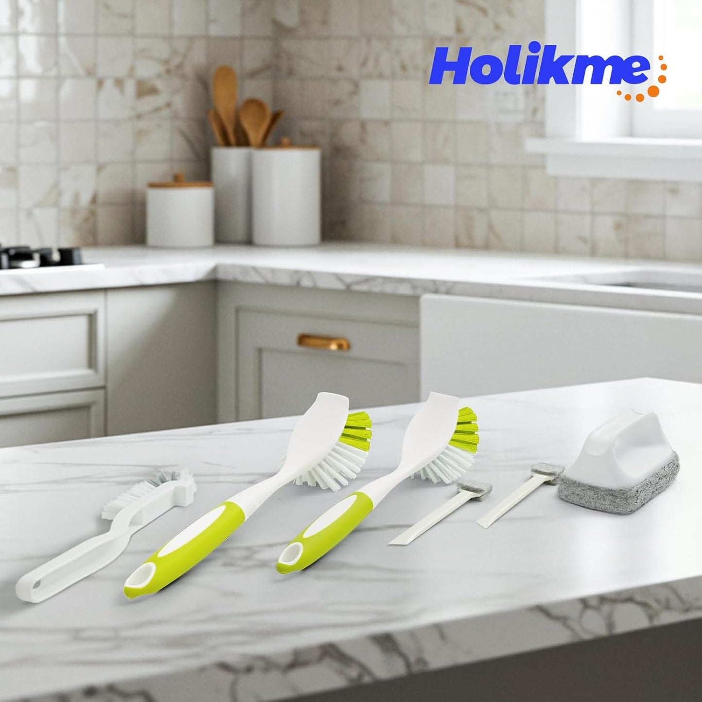 Holikme 6 Pack Dish Brush with Handle Kitchen Cleaning Brush Set for Pot, Pan, Kitchen Sink (Green)