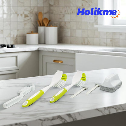 Holikme 6 Pack Dish Brush with Handle Kitchen Cleaning Brush Set for Pot, Pan, Kitchen Sink (Green)