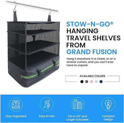 Grand Fusion Stow-N-Go Hanging Travel Shelves, Packing Organizer for Luggage. Carry on Closet for Suitcase. Expandable Packing Cube. Travel Essentials. (Black - L, L = (L) 11.8" x (W) 11.8")