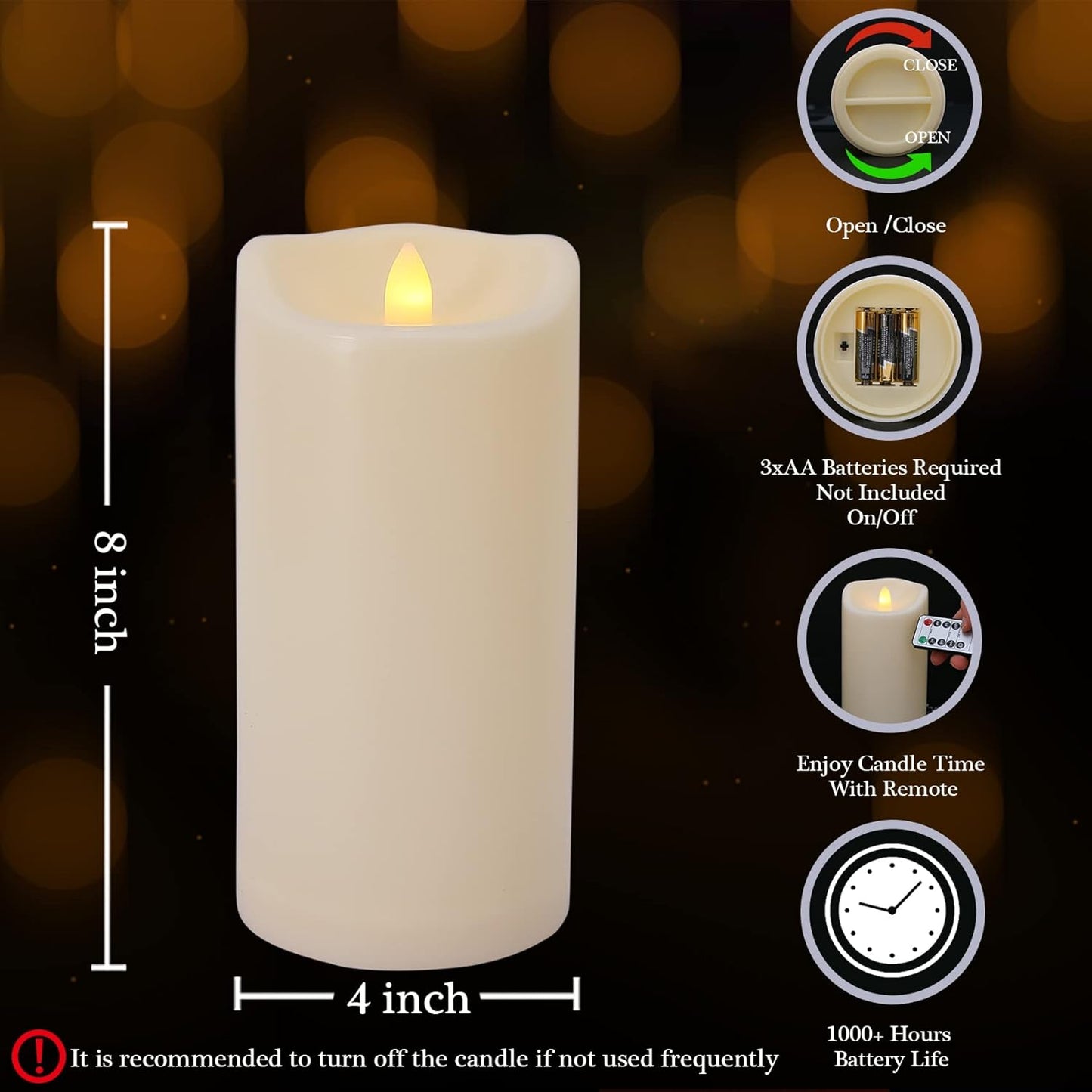 Flameless Flickering Candles with Remote and Timers, 1000 Hours Waterproof Outdoor Indoor Battery Operated LED Pillar Candles, Ivory Plastic, Set of 3(D 3" x H 4" 5" 6")