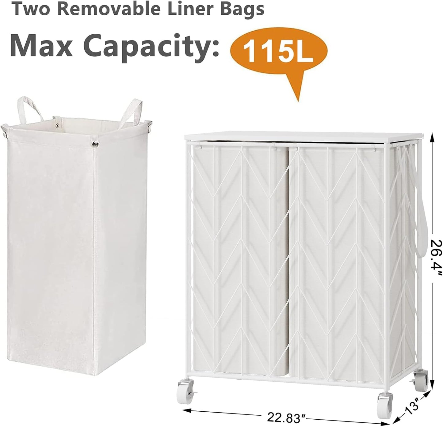 WOWLIVE Laundry Basket with Wheels, 142L Laundry Hamper 3 Section with Lid, Dirty Clothes Hamper with Removable Bags, Large Capacity Iron-Made Laundry Basket Organizer Laundry Sorter for Dorm, White