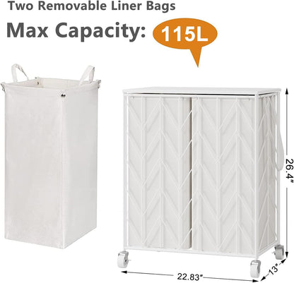 WOWLIVE Laundry Basket with Wheels, 142L Laundry Hamper 3 Section with Lid, Dirty Clothes Hamper with Removable Bags, Large Capacity Iron-Made Laundry Basket Organizer Laundry Sorter for Dorm, White