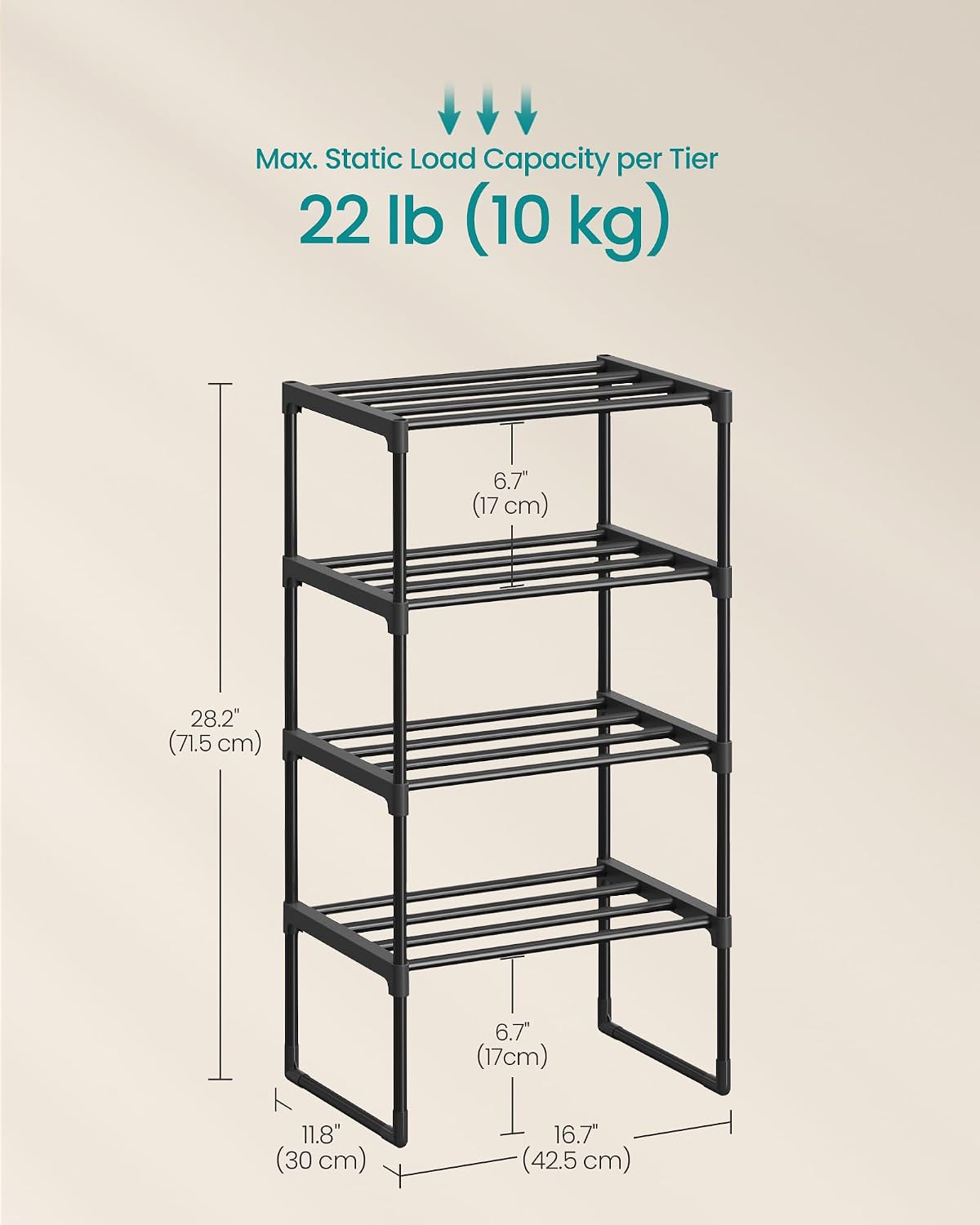 SONGMICS Shoe Rack, 6-Tier Shoe Organizer, Metal Storage Shelf, Upright or Upside Down, for 24-30 Pairs, Stackable, for Entryway, 11.8 x 36.2 x 42.7 Inches, Black ULSA306BH01