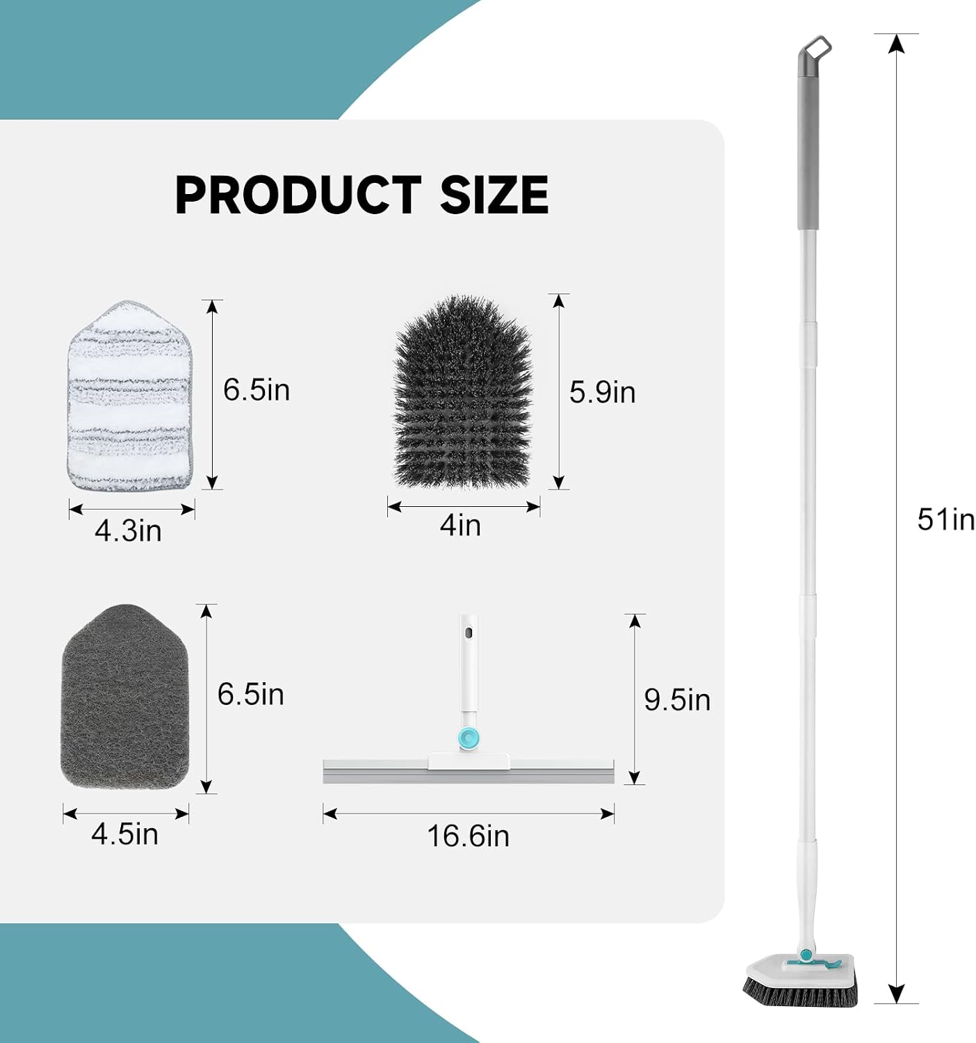 nacena Shower Scrubber with Long Handle, 3 in 1 Tile Tub Scrubber Brush with 3 Detachable Cleaning Heads Adjustable Handle Shower Cleaner Brush for Bathroom, Kitchen, Toilet, Wall, Sink, Blue White