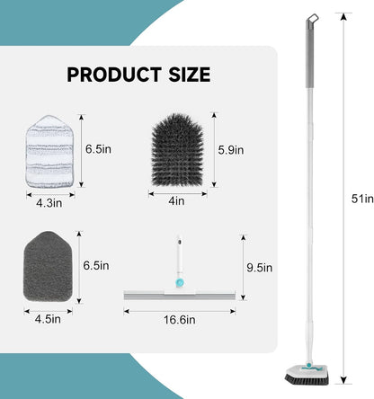nacena Shower Scrubber with Long Handle, 3 in 1 Tile Tub Scrubber Brush with 3 Detachable Cleaning Heads Adjustable Handle Shower Cleaner Brush for Bathroom, Kitchen, Toilet, Wall, Sink, Blue White