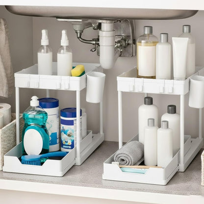 Undersink Organizer, 2-Tier Under Sink Storage Rack with Sliding Drawers for Kitchen Bathroom Cabinets, Pull Out Organizer for Pantry, Laundry Room & Closet Organization - 1 Pack, Black