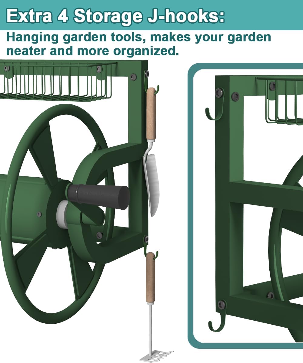 Artigarden Outdoor Wall Mounted Hose Reel with Hook, Garden Heavy-Duty Water Holder Winder with 3.9 ft Leader Hoses, Brass Fitting and Storage Basket for Yard, Holds 125 Ft of 5/8-Inch Hose, Black