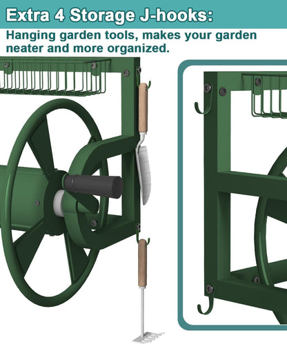 Artigarden Outdoor Wall Mounted Hose Reel with Hook, Garden Heavy-Duty Water Holder Winder with 3.9 ft Leader Hoses, Brass Fitting and Storage Basket for Yard, Holds 125 Ft of 5/8-Inch Hose, Black