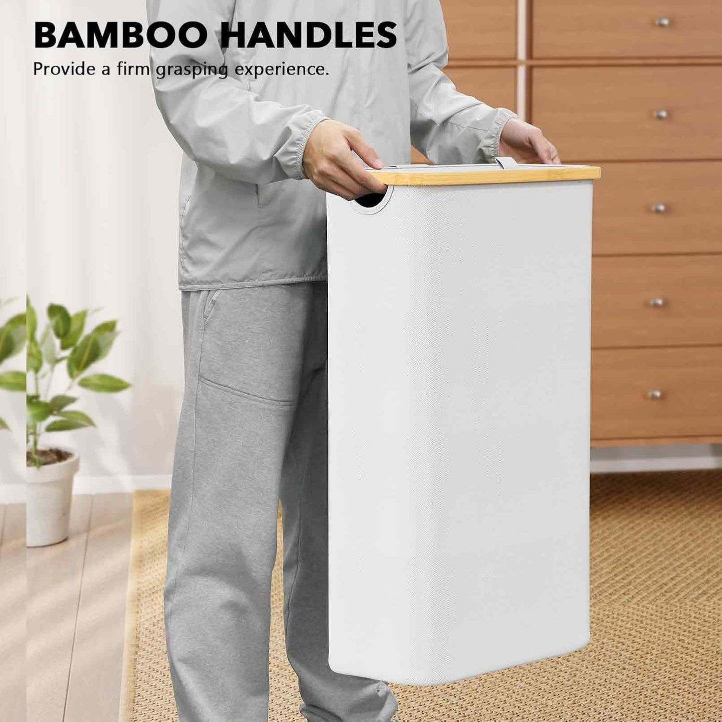 SpaceAid Double Laundry Hamper 2 Section with Lid and Removable Laundry Bags, 160L Clothes Basket with Bamboo Handles, Large Collapsible Hamper for Bedroom, Bathroom, Dorm, Laundry Room - White