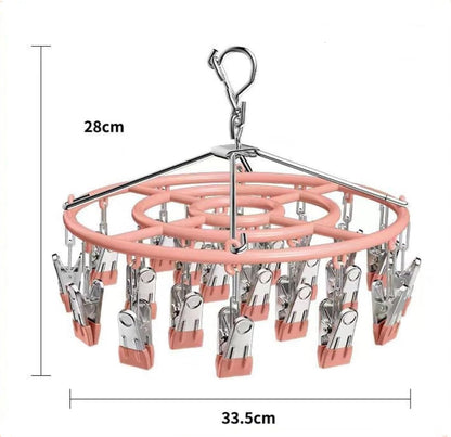 Drying Rack for Sock, Stainless Steel Sock Drying Rack with 24 Clips, Swivel Hook Windproof Hanger for Sock, Bras, Towel, Underwear, Laundry, Hat, Scarf, Pants, Gloves(Pink)