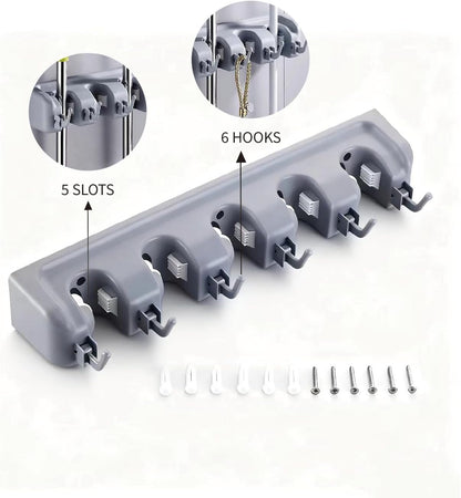 PP Plastic Multi-Function Broom & Mop Wall Mount Holder (16.93.352.36in, Gray) - Screw-Mounted Space Saver for Kitchen/Garage/Garden Tool Organization
