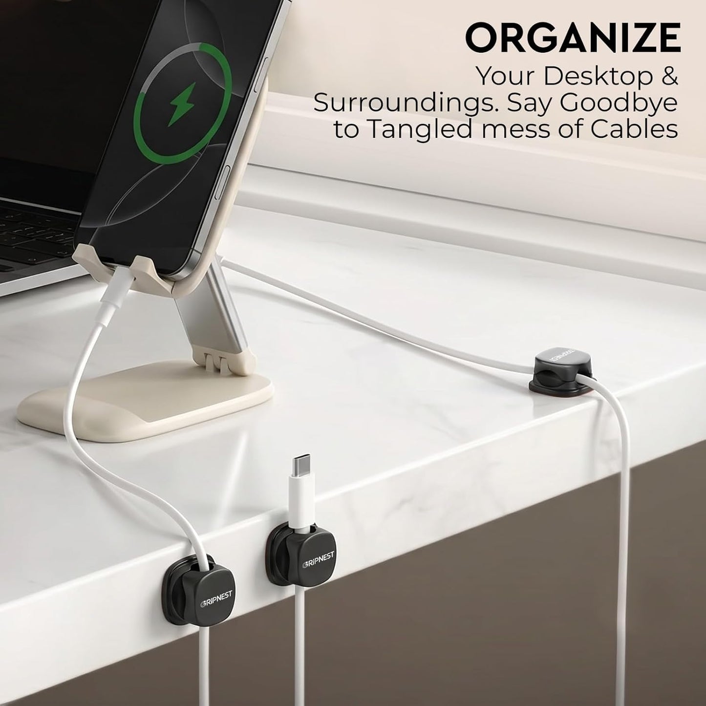 Never-Lose 1s Lock Spring Cable Solution – Rotatable Cable Clips, Strong Adhesive Cord Organizer & Wire Holder for Desk, Car & Nightstand, Secure Cable Management, 8 Pack (Black)