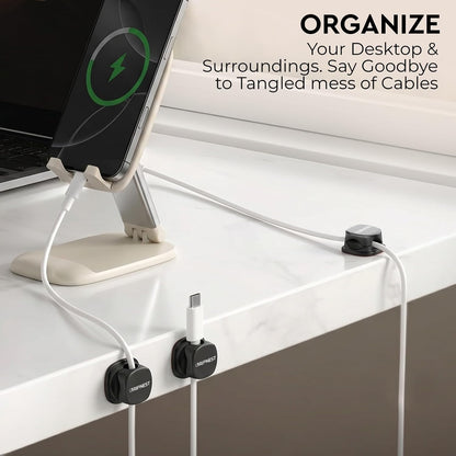 Never-Lose 1s Lock Spring Cable Solution – Rotatable Cable Clips, Strong Adhesive Cord Organizer & Wire Holder for Desk, Car & Nightstand, Secure Cable Management, 8 Pack (Black)