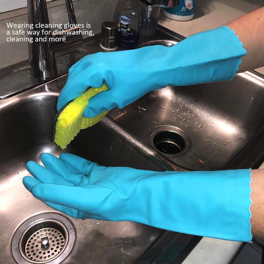 Alimat PluS 3 Pack Reusable Cleaning Gloves Latex Free, Dishwashing Gloves with Cotton Flock Liner and Embossed Palm, Waterproof Household Gloves for Laundry, Gardening (Medium)