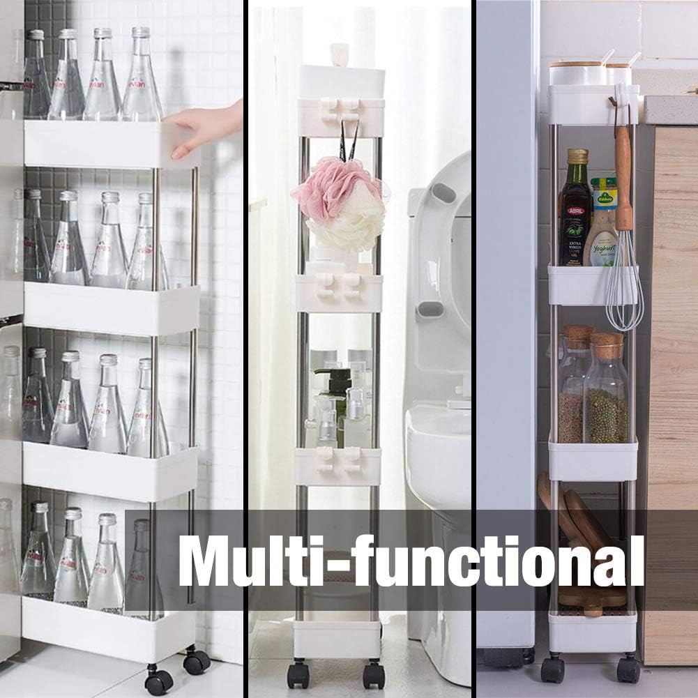 Modern Home 4-Tier Rolling Storage Cart with Bins – Slim Organizer for Bathroom, Kitchen, Laundry & Pantry – Mobile Utility Shelves with Wheels