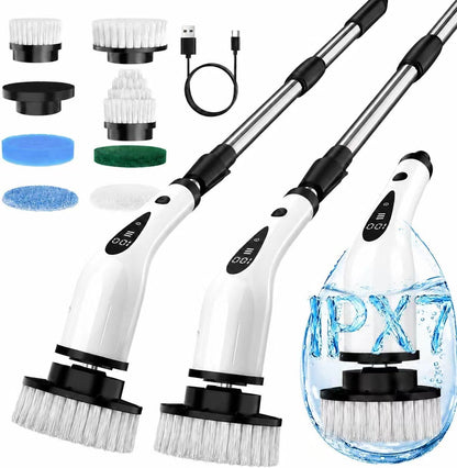 Electric Spin Scrubber, 3-Speed Flat End Brush with 8 Brush Heads & Base, Adjustable Long Handle, Digital Display, 2500mAh Fast Charging, for Bathroom, Tub, Tile, Floor（White
