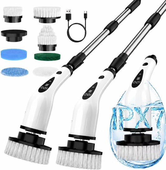 Electric Spin Scrubber, 3-Speed Flat End Brush with 8 Brush Heads & Base, Adjustable Long Handle, Digital Display, 2500mAh Fast Charging, for Bathroom, Tub, Tile, Floor（White