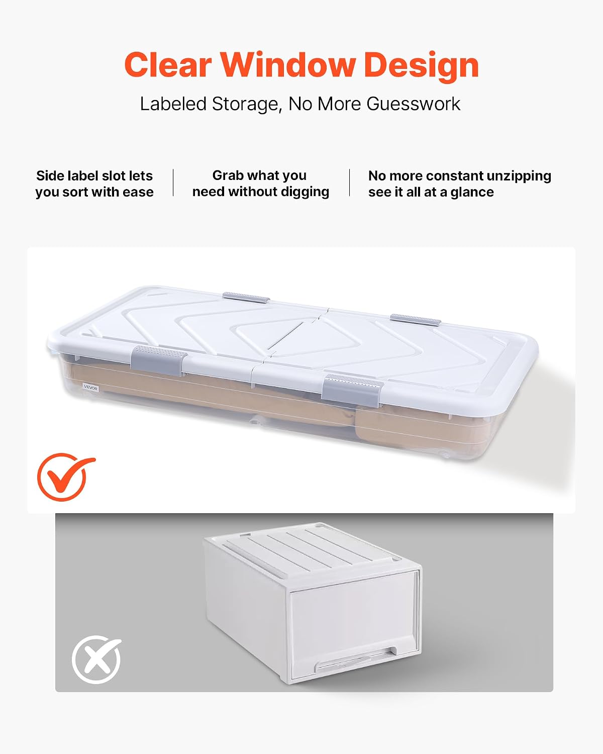 VEVOR Under Bed Storage with Wheels, 39.8 x 20.1 x 5.9 inch Underbed Containers, Underbed Shoes Organizer with Lid & Gray Latch, Rolling Under the Bed Storage Bins for Clothes Shoes Blankets, 2 Pack