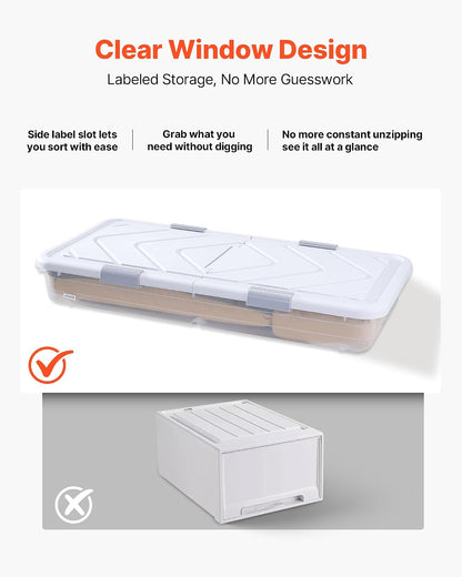 VEVOR Under Bed Storage with Wheels, 39.8 x 20.1 x 5.9 inch Underbed Containers, Underbed Shoes Organizer with Lid & Gray Latch, Rolling Under the Bed Storage Bins for Clothes Shoes Blankets, 2 Pack