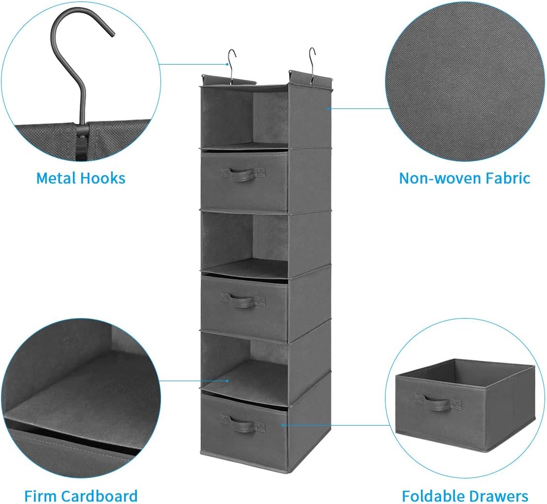 MAX Houser 6 Tier Shelf Hanging Closet Organizer, Closet Hanging Shelf with 2 Sturdy Hooks for Storage, Foldable (Grey)
