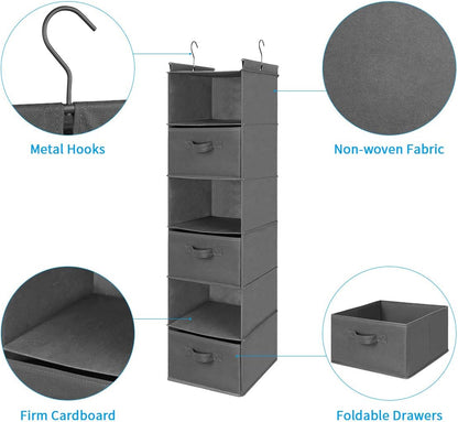 MAX Houser 6 Tier Shelf Hanging Closet Organizer, Closet Hanging Shelf with 2 Sturdy Hooks for Storage, Foldable (Grey)