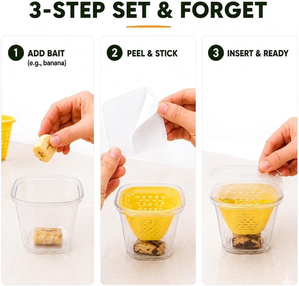 Fruit Fly Traps for Indoors, DIY Fruit Fly Traps - 4X Reuseable Funnel Traps + 24x Clear Sticky Trap - No-Mess, Uses Natural Bait