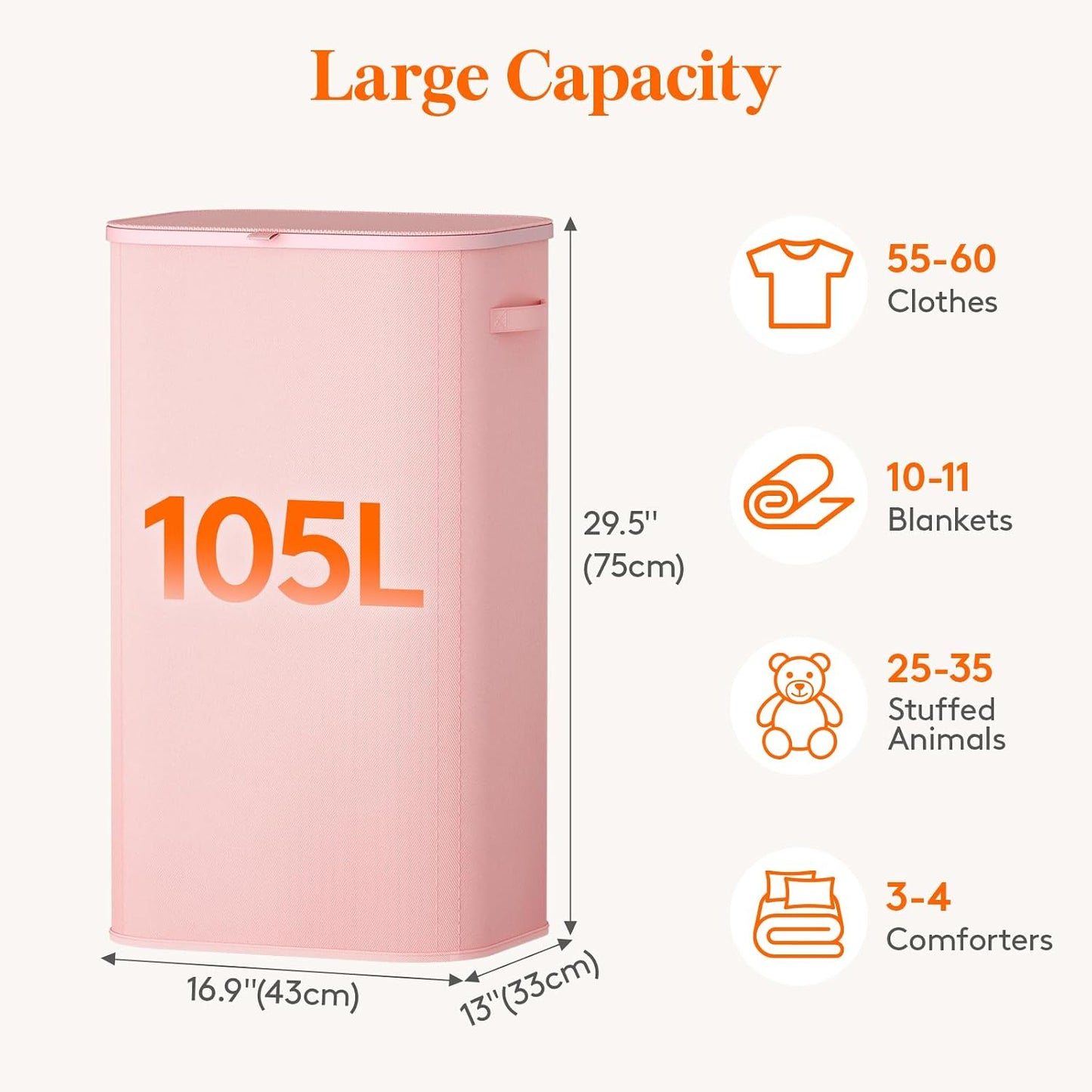 Lifewit 165L Large Laundry Basket with Lid, Laundry Hamper with Plastic Handles and Removable Bag, Foldable Tall Dirty Clothes Hampers for Laundry for Laundry Room, Bedroom, Bathroom, Dorm, Beige
