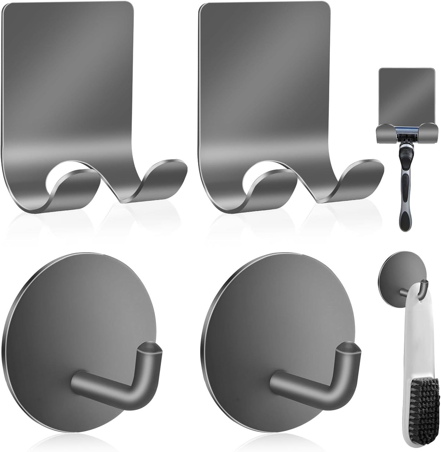Diesisa Razor Holder for Shower + Adhesive Wall Hooks, Premium 304 Stainless Steel Shower Razor Holder with Heavy Duty Waterproof Sticky Hooks for Hanging Towels, Coat, hat (2+2 Pack)