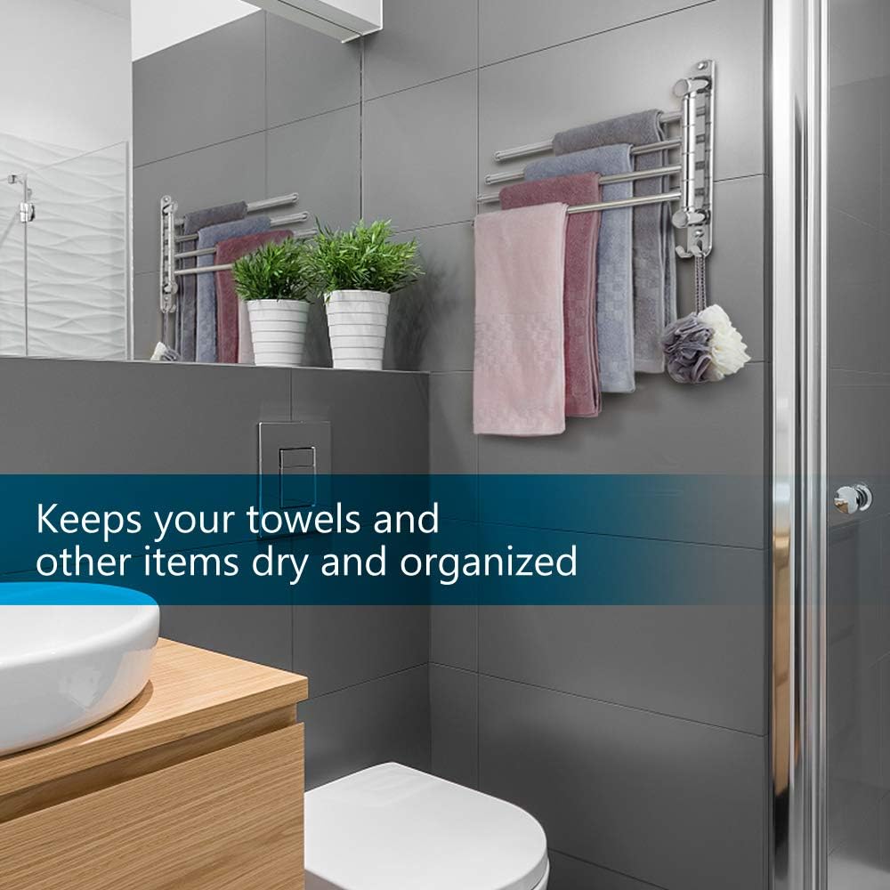 Towel Rack Wall Mounted JSVER Bathroom Towel Rack, Space Saving Towel Holder, 13.4 Inches Swivel SUS304 Stainless Steel Towel Bar, 180° Rotation 6 Arms Towel Racks for Bathroom