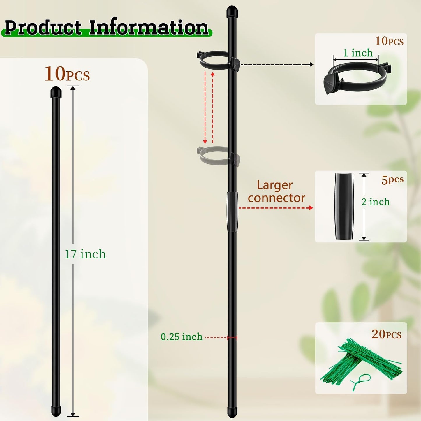 Plant Support Stakes for Indoor SupKing Orchid Sticks with Clips Garden Stake Extended to 2/3/4ft for Outdoor Potted Tomato Rose Vegetables House Palnts Comes with 20 Plants Ties(15 inch 10Pcs)