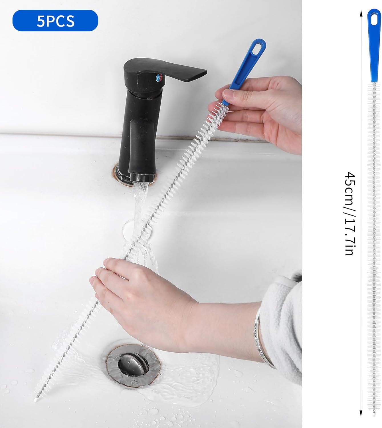 Grevosea 5 Pcs Drain Cleaning Brushes, Sink Drain Brush Pipe Cleaning Flexibly Bendable Sink Brush for Toilet Kitchen Sink Bathroom Tub Shower and Sewer Drain Cleaner Tool (45cm/17.72inch)