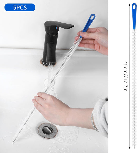 Grevosea 5 Pcs Drain Cleaning Brushes, Sink Drain Brush Pipe Cleaning Flexibly Bendable Sink Brush for Toilet Kitchen Sink Bathroom Tub Shower and Sewer Drain Cleaner Tool (45cm/17.72inch)