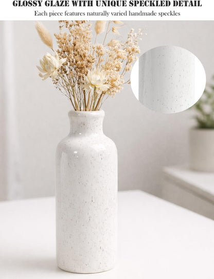 Small White Speckled Ceramic Vase Set of 3, Decorative Modern Vases for Shelf, Table, Living Room, Dried Flowers
