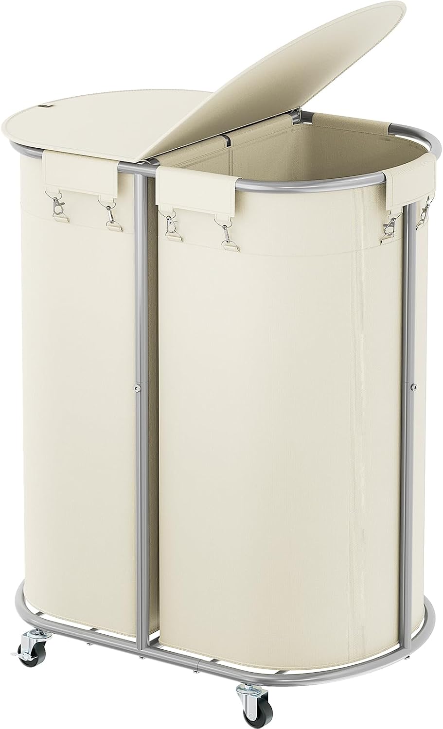 200L Double Laundry Hamper with Lid and Wheels, Large Oval Rolling Laundry Basket 2 section, Sturdy Metal Laundry Cart with 2 Removable Bags, Dirty Clothes Organizer for Home, Dorm, Black