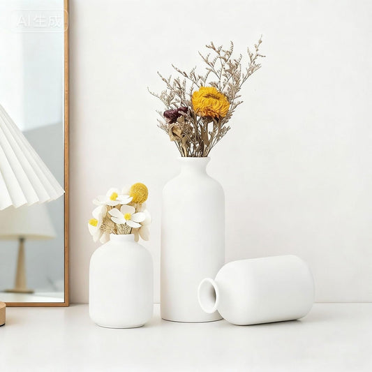 Modern Farmhouse Vase Set of 3, Small Neutral Ceramic Vases for Home Decor, Boho Flower Vase for Living Room, Table, Shelf, Fireplace Mantel
