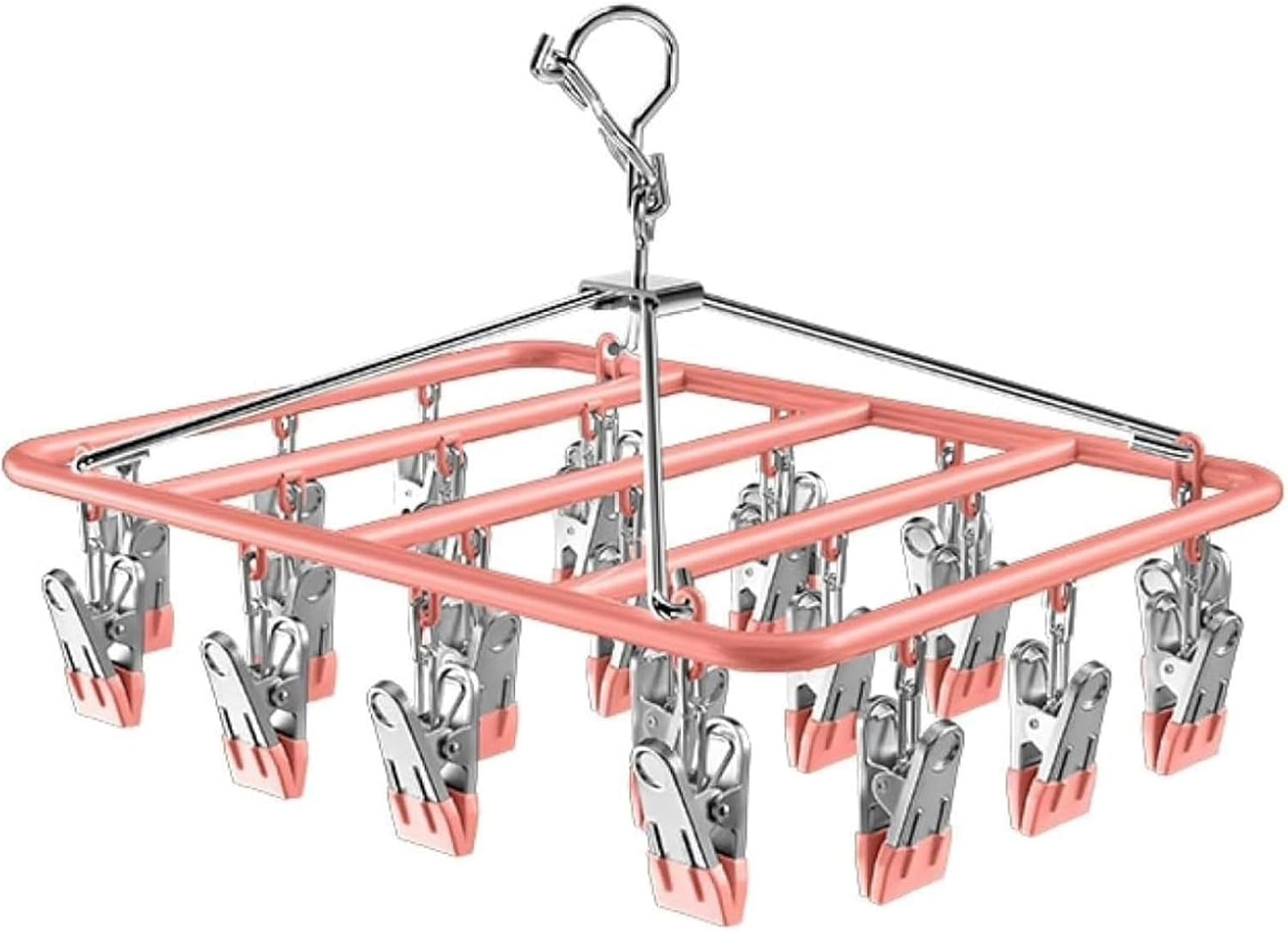 Drying Rack for Sock, Stainless Steel Sock Drying Rack with 23 Clips, Swivel Hook Windproof Hanger for Sock, Laundry, Hat, Scarf, Bras, Towel, Underwear, Pants, Gloves (White)