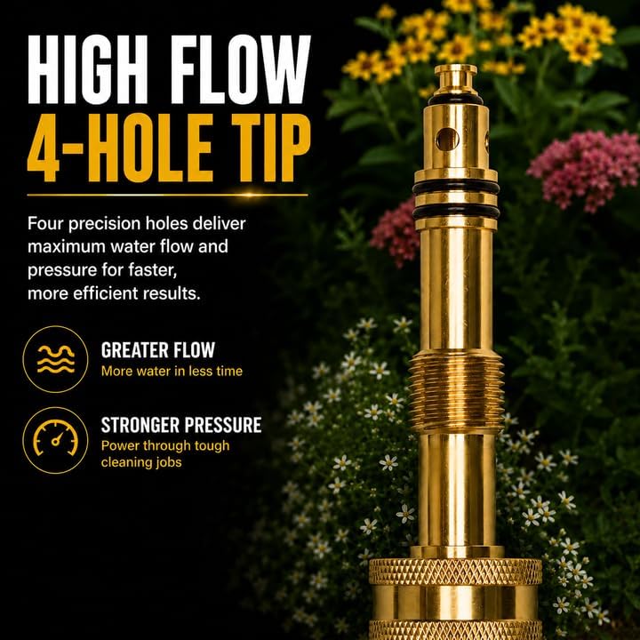 Morvat Solid Brass Metal Twist Garden Hose Nozzle, Heavy Duty Adjustable Pressure Spray Attachment, High Power Water Jet Sprayer with 4 Holes & ¾” Standard Threading, Includes 2 Extra Rubber Washers