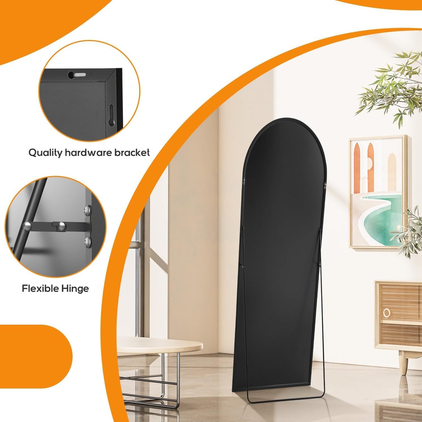 Arched Mirror Full Length, Upgraded 16"x59" Body Wall Mirrors with Shatter-Proof Glass, Floor Standing, Hanging or Leaning, Tall Arch Mirror with Stand Aluminum Alloy Frame for Bedroom, Black